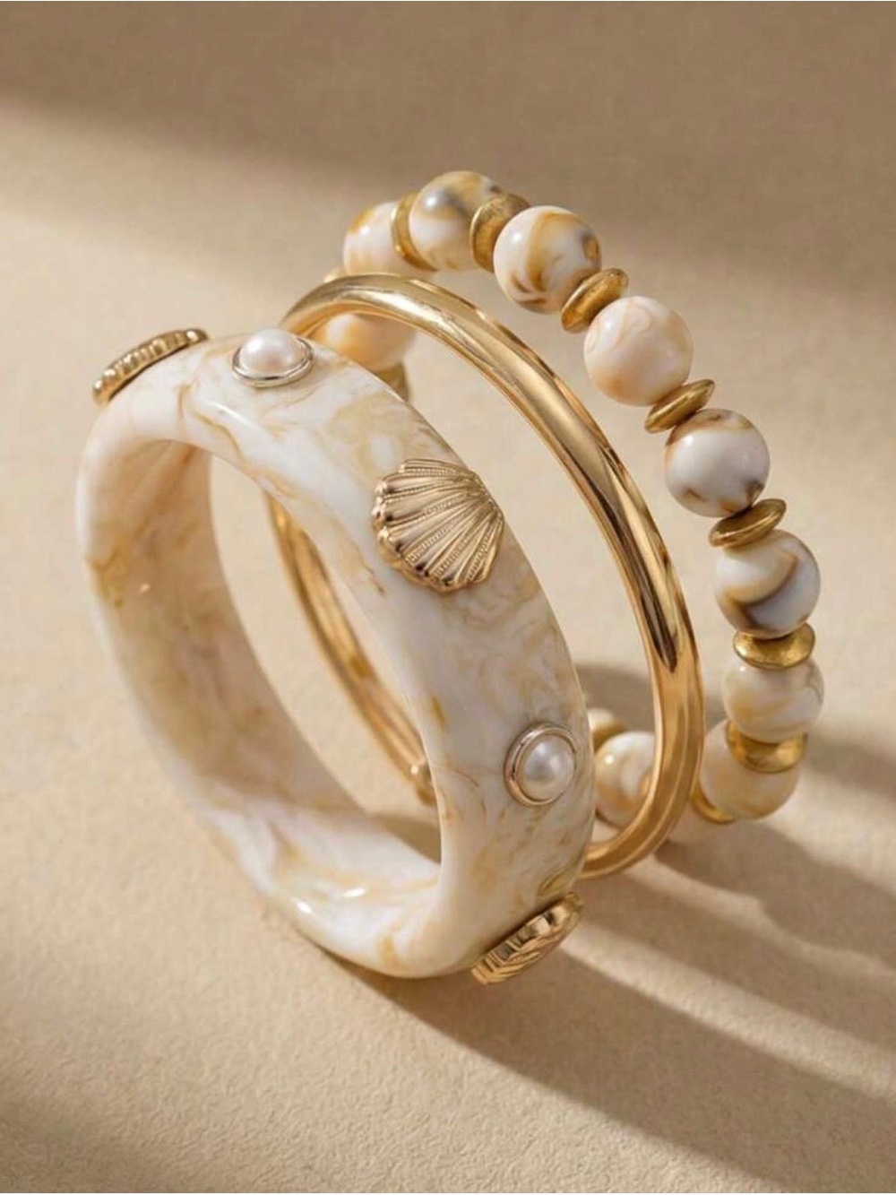 Marbled Cream Resin and Gold Bracelet Set